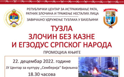 Књига „Тузла – злочин без казне и егзодус српског народа“ биће промовисана у Бијељини 22. децембра